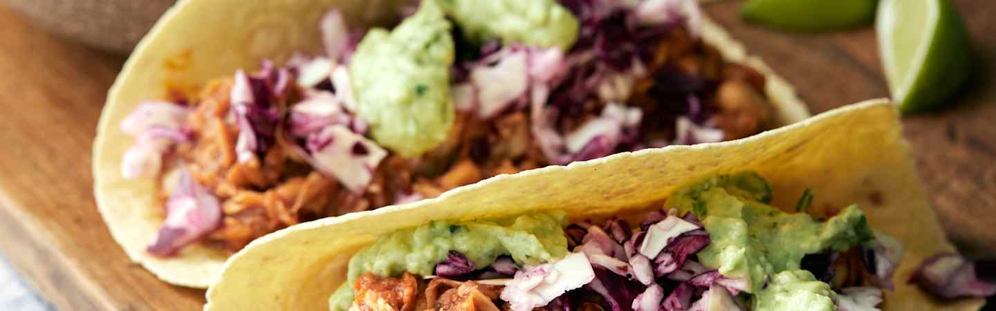 BBQ Pulled Jackfruit Tacos with Avocado Crema and Slaw