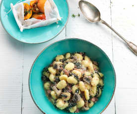 Gnocchi with Sausages and Steamed Spinach, Apricots with Honey and Walnuts