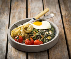 Spiced fennel and silverbeet with fried eggs