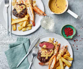 Surf and turf with pink peppercorn sauce (TM6)