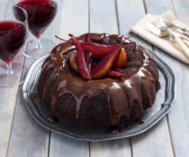 Chocolate and red wine cake with pears