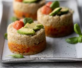 Quinoa and Vegetable Tower with Avocado and Confited Cherry Tomatoes