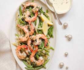 Gambas et haricots sautés à l'ail, mousseline au citron