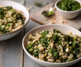 Lemon and Kale Pearl Barley Risotto with Parsley and Hazelnut Pesto
