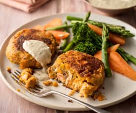 Salmon and Sweet Potato Fish Cakes with Steamed Vegetables