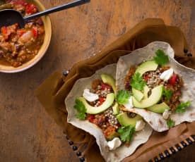 Spelt and buckwheat tortillas with chilli con carne