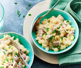 One pot fusilli aux champignons, lardons et ricotta