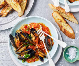 Chilli mussels with risoni