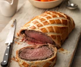 Beef Wellington with Mashed Potatoes, Steamed Carrots and Madeira Sauce