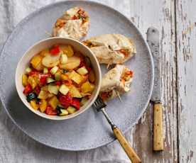 Peitos de frango recheados com legumes e batatas