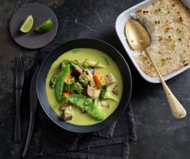 Pikantne zielone curry z pieczonym ryżem