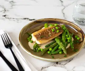 Crispy-skinned snapper with macadamia cream and spring vegetables