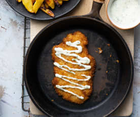 Tonkatsu with coleslaw, wasabi and dill dressing, potato wedges