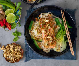 Ginger salmon udon with spiced cashews