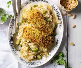 Zalm in amandelkorst met asperges en tagliatelle