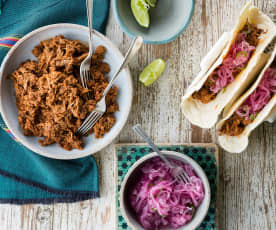Chilorio shredded pork with lime-pickled onions
