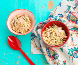 Orzo with Salmon, Green Beans and Avocado Sauce