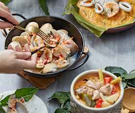 Tom Ga Khai (Thai Coconut Milk Chicken), Steamed Clams With Garlic And Thai Curry Fish Custard