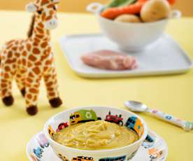 Purée ziemniaczane z zieloną fasolką, marchewką i kurczakiem (dla dzieci)