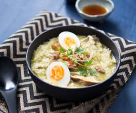 Mixed mushroom congee with pickled eggs