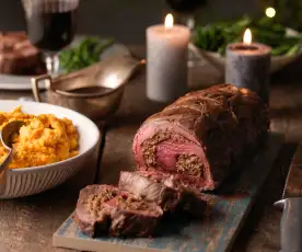 Fillet of Beef with Porcini Parmesan Stuffing and Red Wine Gravy