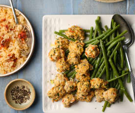 Chicken Polpettini with Steamed Rice and Green Beans
