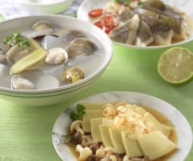 蛤蜊冬瓜湯、鮮菇豆腐&檸香鮮魚
