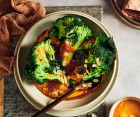 Whole roast broccoli with romesco sauce