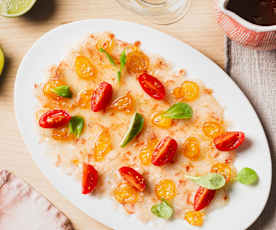 Carpaccio de gambón y kumquat