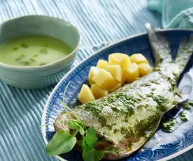 Cream of lettuce soup, sea bass with potatoes and watercress sauce