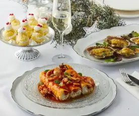 Menù: Capesante gratinate al pepe rosa; Cannelloni con salsa di pesce e Bignè chantilly e melagrana (Bimby Friend)