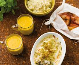 Gratinado de frango, Creme de legumes e Papelotes de fruta