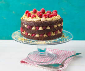 Vegan chocolate, raspberry and pistachio layer cake