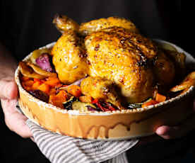 Poulet rôti et légumes au cidre