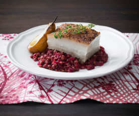 Twice-cooked pork belly with lentils