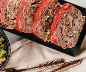 Cheesy Stuffed Meatloaf with Broccolini and Eggplant