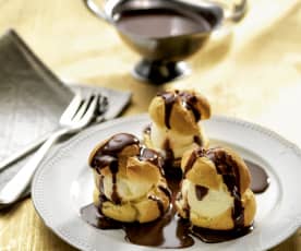 Cream Puffs (Profiteroles) with Vanilla Ice Cream and Chocolate Sauce