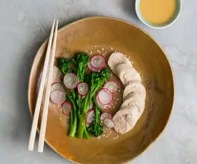 Poached chicken with liquid stock