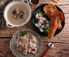 海陸鍋-蒜泥白肉+蔥香蝦蛄花枝+香菇芋頭粥