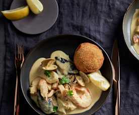 Opereta del mar al cava con croquetones de patata