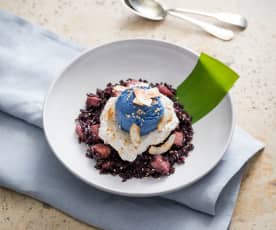 Black sticky rice with taro and blue matcha ice cream