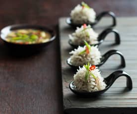 Steamed rice balls with spicy lime dipping sauce