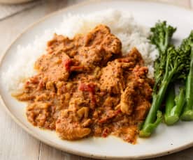 Chicken, Pepper and Poppy Seed Curry with Rice and Tenderstem Broccoli