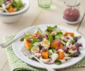 Shredded chicken and sweet potato salad with cranberry dressing