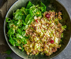 Salade tiède de riz et viande hachée 