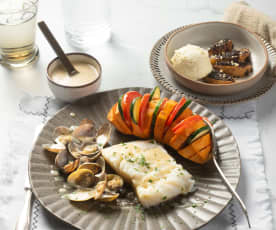 Cabillaud, palourdes et patate douce farcie, poires au chocolat