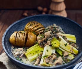 Mushroom Ragout with Steamed Leeks and Hasselback Potatoes