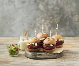 Smoky beetroot and black bean sliders with soused cucumber