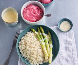 Asparagus, Parmesan Rice and Lemon Sabayon Sauce; Berry Foam