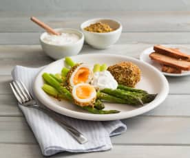 Dukkah eggs with asparagus and feta